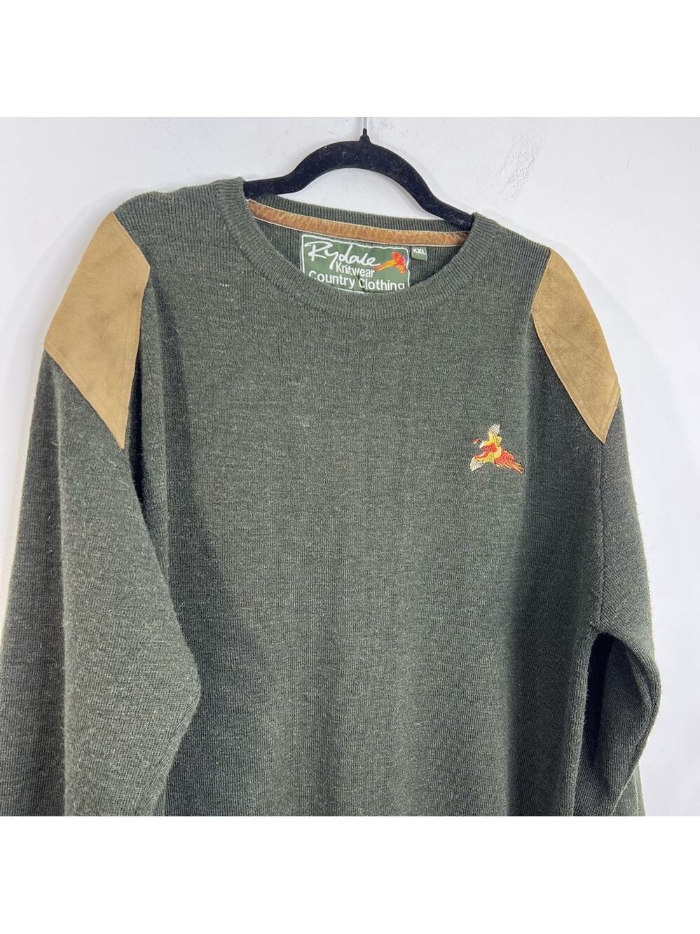 SOLD Rydale UK hunter green wool blend tan suede detail crew neck sweater XXL - Picture 5 of 13